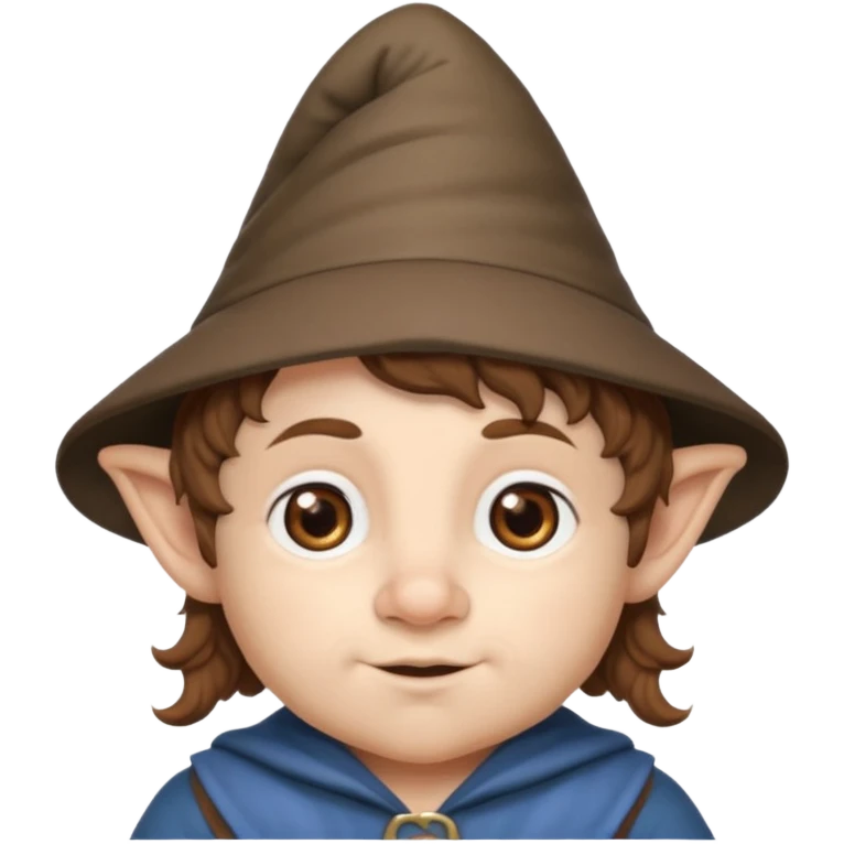 Gnomo con capelli ricci corti marroni, occhi marroni e cappello a punta emoji