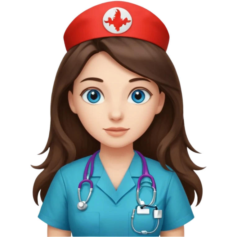 pretty brunette nurse with long hair and blue eyes in dinosaur scrubs emoji
