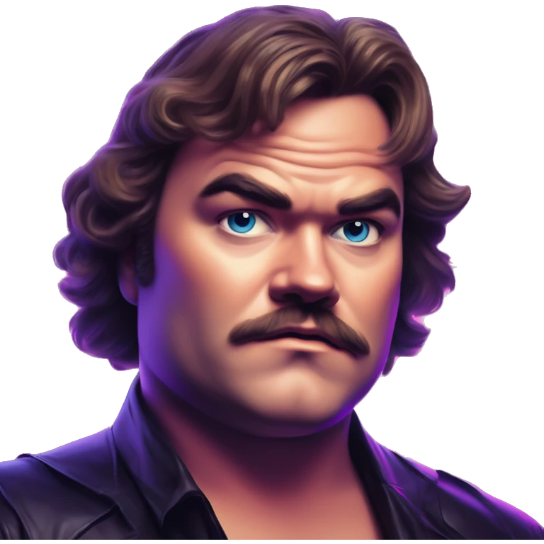 Synthwave Jack Black in retro NES style, oil paint, epic eyes, intricate lips, exquisite pose, beautiful, desirable, logical emoji
