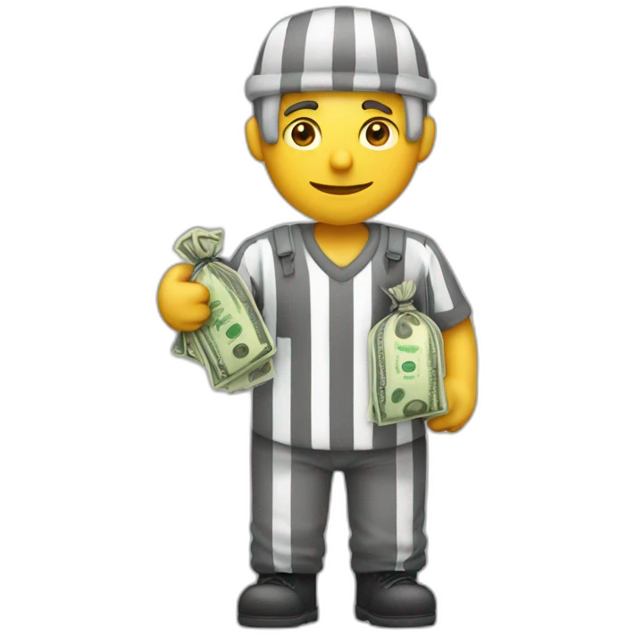 A prisoner with a bag of money with $ written on it emoji