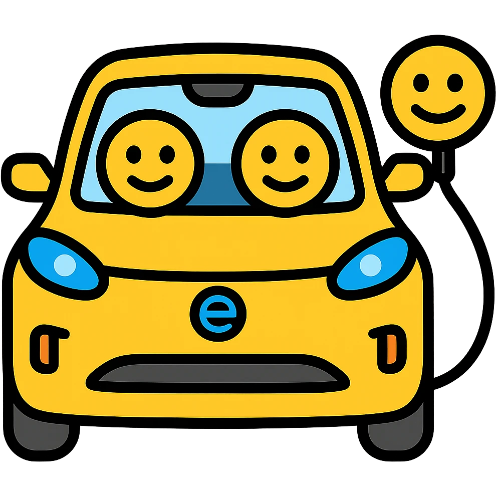 Change the EV car to yellow, keep the cute circle eyes and EV charger on the right, with no background. emoji