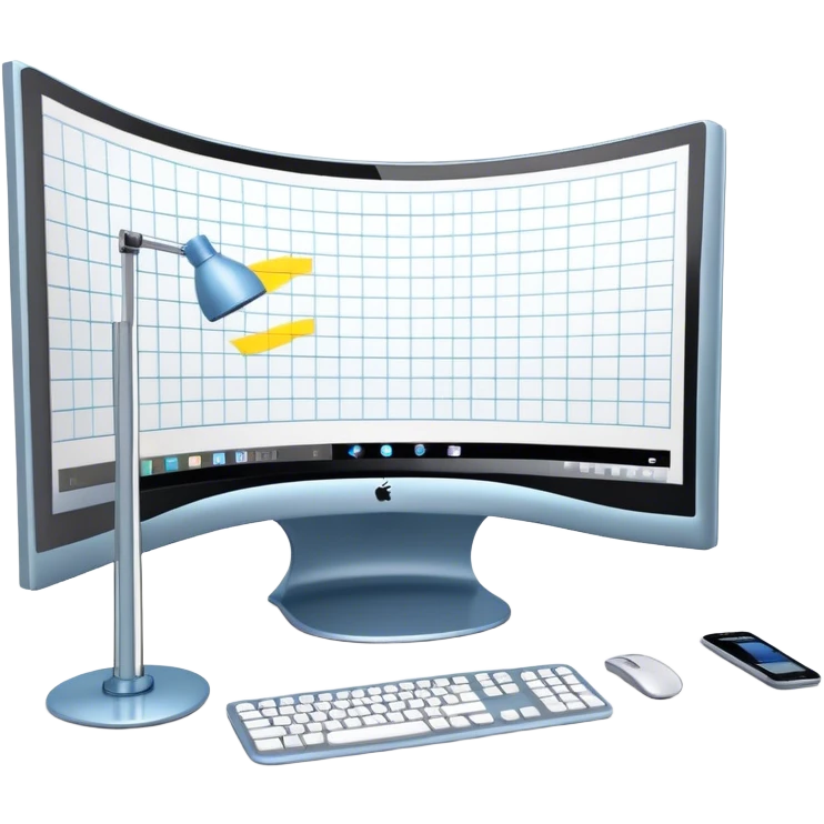 Create an emoji for 3D visualization and modeling. Show a 3D object like room model with grid lines on a big curved monitor. and a modeling tool (e.g., a mouse or stylus). Use modern, professional colors. Do not include any emojis or smiley faces. Make the background transparent. emoji