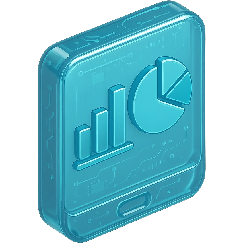 Minimalist icon of a bar chart and pie chart on a digital screen, flat design, , cyan blue emoji