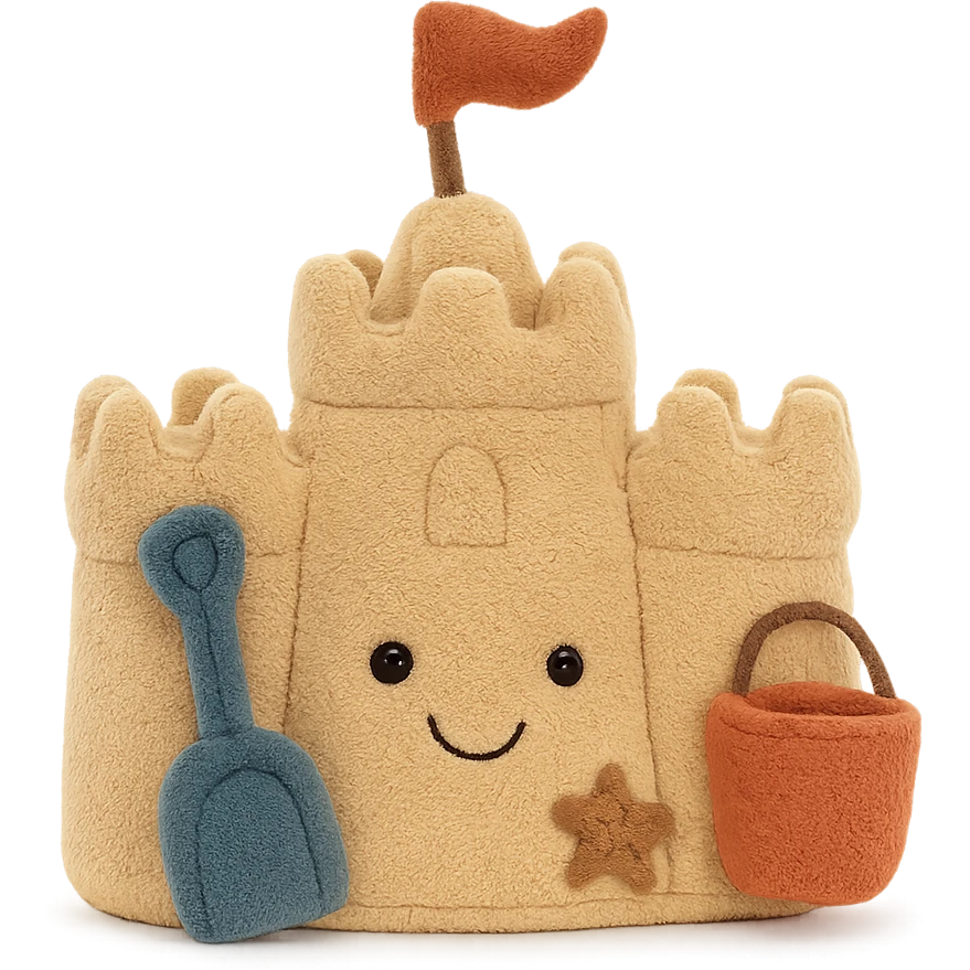 a soft toy jellycat in the form of a sand castle, featuring playful beach-themed accents emoji