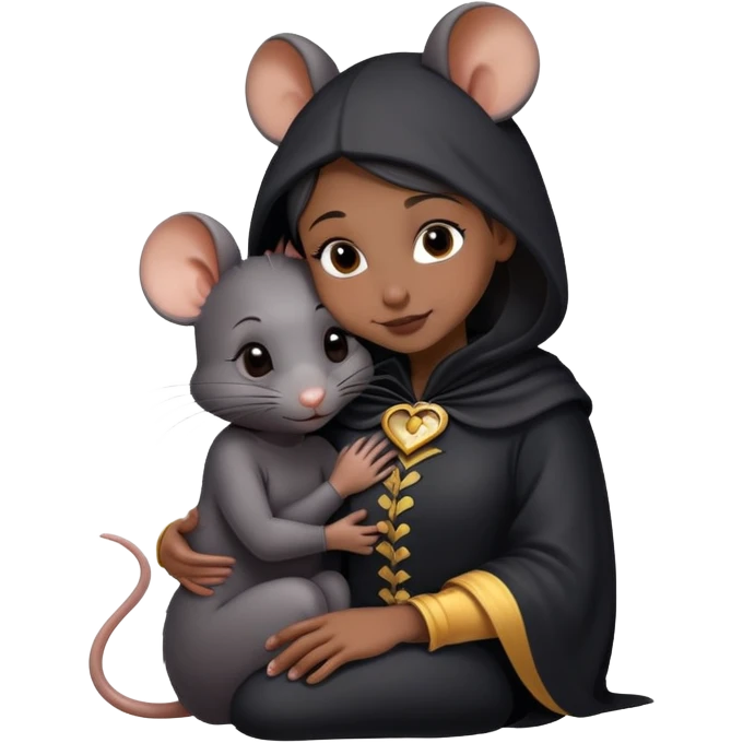 a black rat in a costume cuddling a young girlBlack Rat  emoji