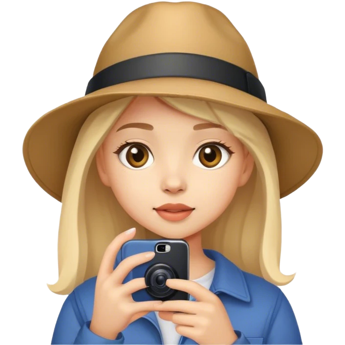 young girl tourist takes pictures with her cell phone emoji
