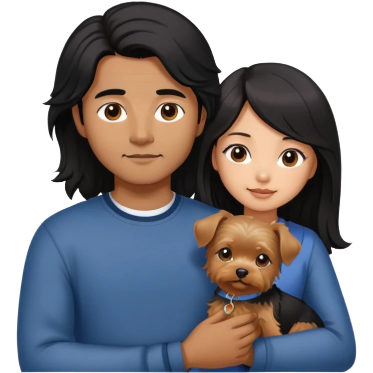 A couple holding holding a small Yorkshire Terrier together. The girl is an Asian girl with long, luscious wavy black hair (loose, no hair tie). She is standing beside a brown-skinned man with a short middle part haircut.  emoji