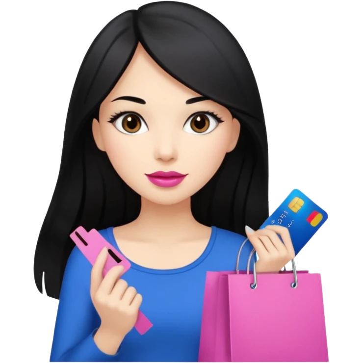Girl with long black hair, pink lipstick, brown eyes holding shopping bags and blue credit card emoji
