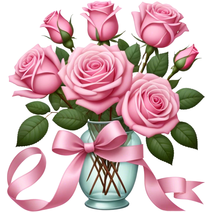 "An elegant still life featuring a collection of pink roses, ribbons, and vintage-style decorations, soft and airy." emoji
