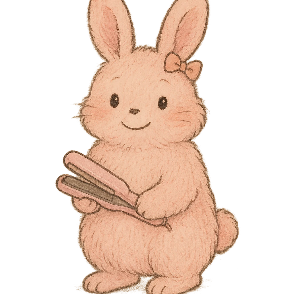 full-body soft pink fluffy bunny, hair straightener design, tiny bow, gentle happy face emoji