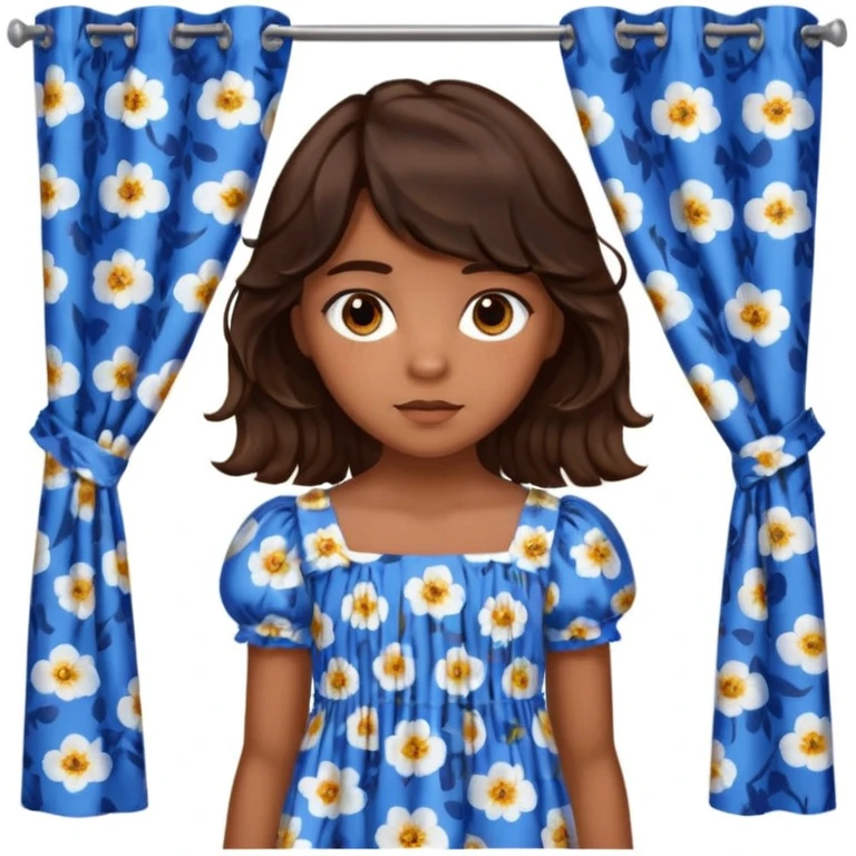 Teenage girl with golden brown skin, chocolate brown eyes, dark wavy hair with curtain bangs, and blue floral dress emoji