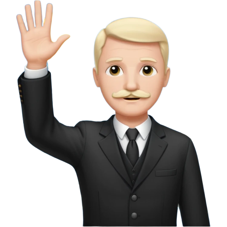 Adolf h , wearing suit and mustache short like charlie chaplin. Raising his hand to sun emoji