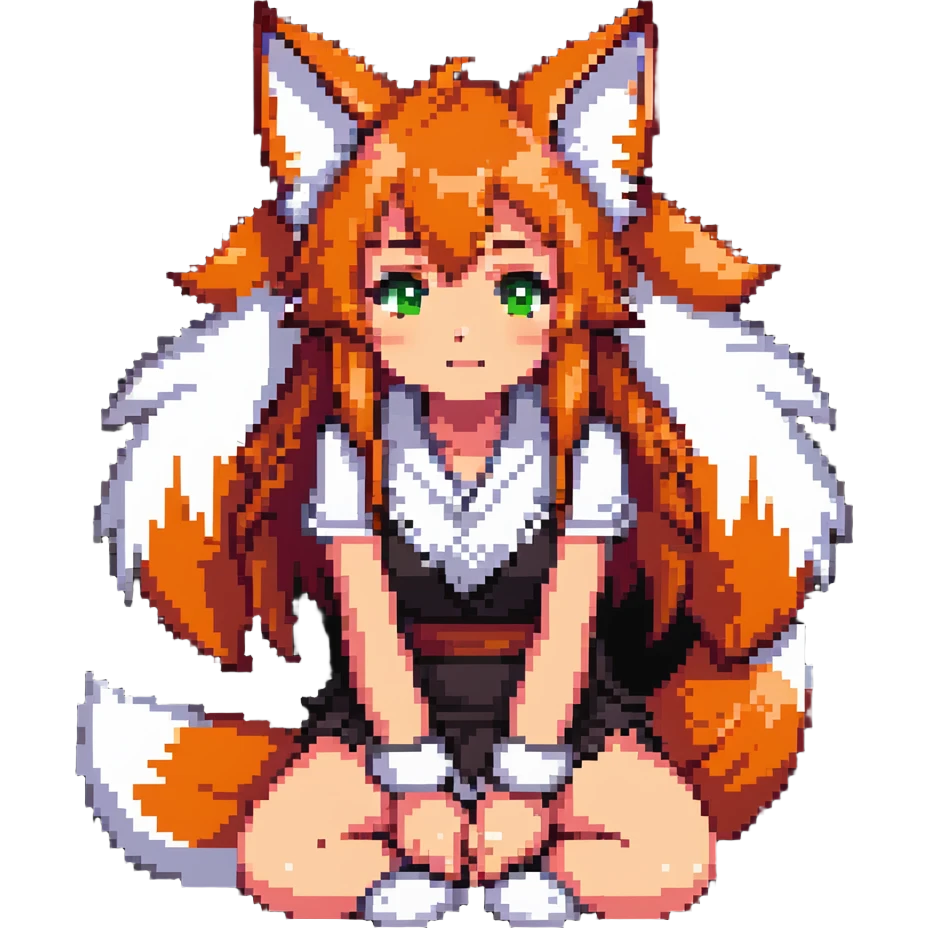 A naked anime fox girl with a fluffy fox tail and ears sits on her knees with an ahegao face. Her arms are folded in front of her chest, making her look like a cute fox emoji