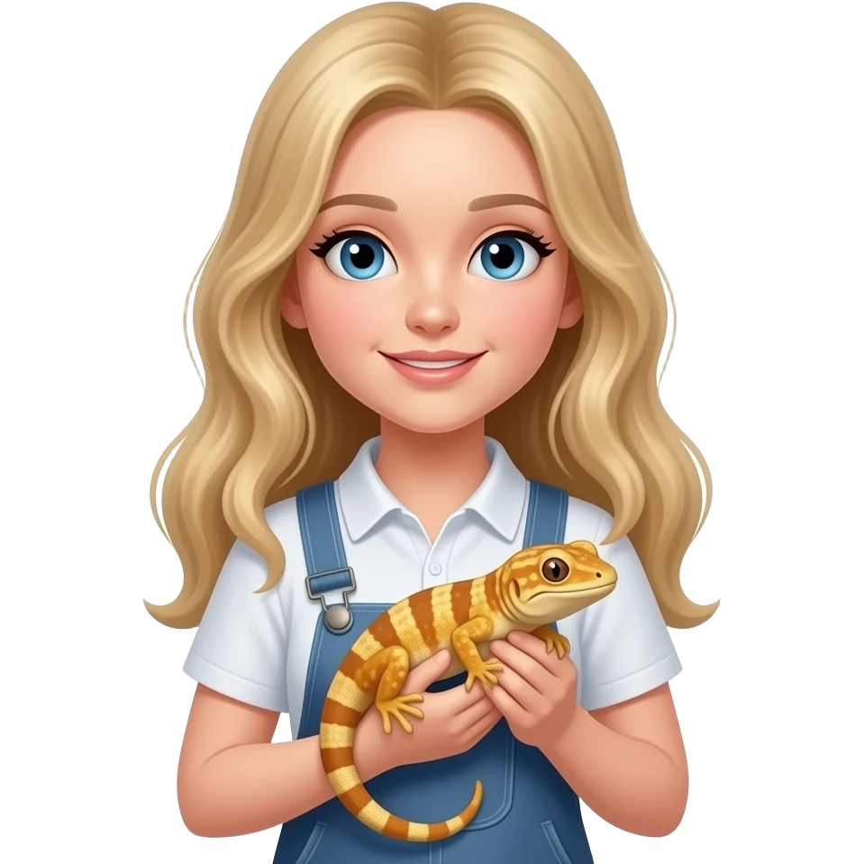 Blonde hair blue eyed girl EMOJI CLASSIC GIRL holding a tan yellow and orange crested gecko emoji