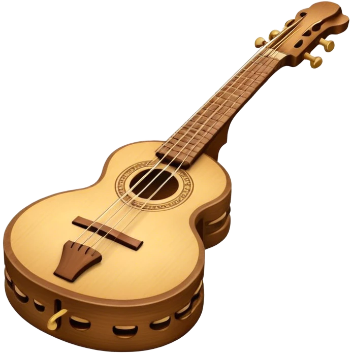 Create an elegant and traditional emoji representing a domra. The design should feature the round, wooden body of the domra with its distinct three or four strings. Include delicate details like the tuning pegs, the fingerboard, and the bridge. The wood of the domra should have a rich, warm tone, and the strings should be subtly highlighted to show their importance. Add a small musical note or two floating around to evoke the folk music it is used for. Use earthy tones like brown and gold to emphasize its classic, rustic feel. The background should be transparent. emoji