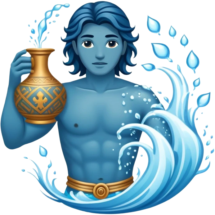The zodiac symbol Aquarius. A mystical and beautiful water bearer, holding and pouring water into the sea from a large, intricate, and arcane vase emoji