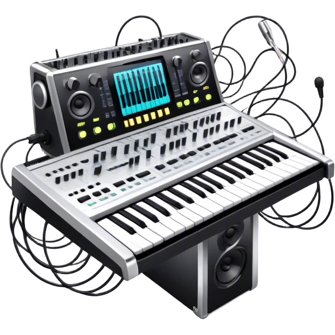 Create a professional and detailed emoji that represents sound design equipment. The design should feature a high-end Korg synthesizer, a sound mixing console, and a control panel with audio cables connecting to large studio speakers. Surround the equipment with sound waves made of musical notes to symbolize the creative process of shaping sound. Use sleek colors like silver, black, and neon accents to highlight the high-tech nature of the equipment. The background should be transparent. emoji
