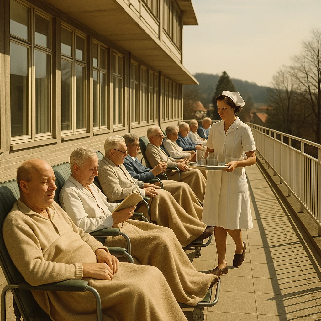 1960s hospital terrace with patients covered with blankets on their legs sunbathing, some reading or chatting, nurse distributing water, serene and therapeutic atmosphere, realistic details, warm sunlight, 4K quality emoji
