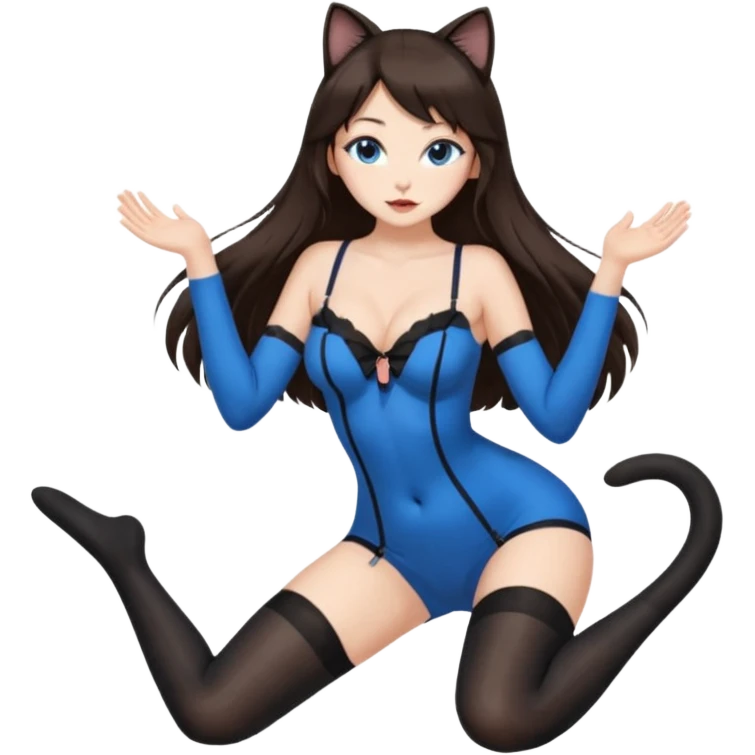 Buxom brunette super long hair intimate sfw blue eyes Asian black nylon stocking pose cat girl emoji
