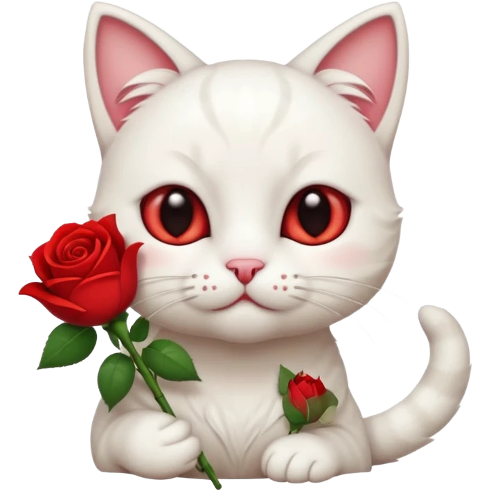 Cute emoji-style white cat holding a red rose in its mouth, big round eyes with visible white sclera, smaller pupils, soft warm brown irises, fluffy fur, clean mascot style, gentle cute expression, centered, transparent background, 1:1 ratio. emoji