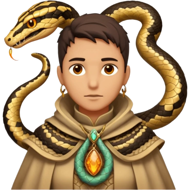 desert sand mage portrait, head and shoulders only, serpent-patterned cloak collar, snake charm necklace, sand vortex around shoulders, glowing amber eyes, 3D cartoon, mobile game icon style, clean background, no text, no watermark
 emoji