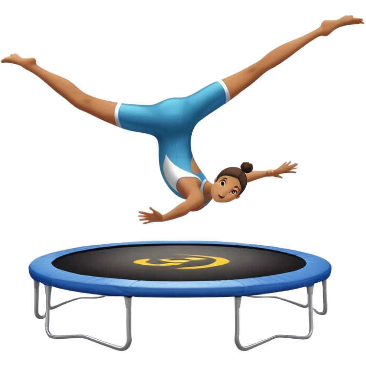 An athletic person soaring high above a trampoline, executing an acrobatic flip with perfect form. The scene captures motion and energy, with a dynamic pose, stretched limbs, and a focused expression. The background suggests a professional trampoline arena with safety padding. emoji