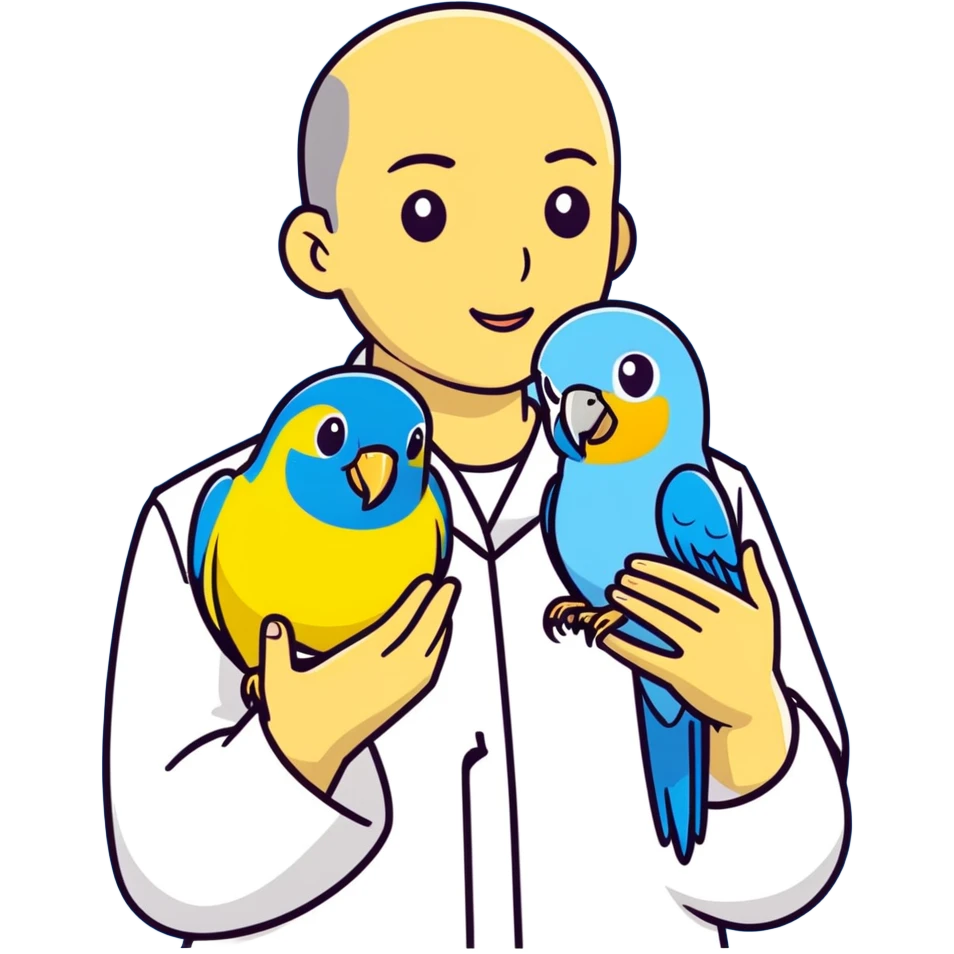 Armando with blue parakeet at the Vet emoji