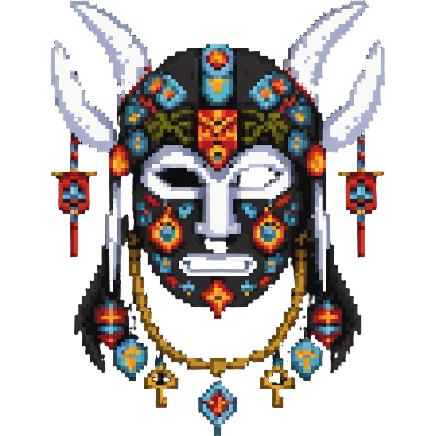sackface character with elaborate ritual symbols stitched into mask emoji