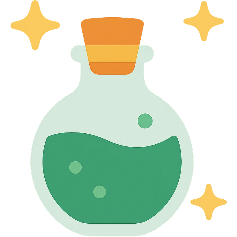cute magic potion bottle stars are shining around add different details FA9B41, 4A7C5C,  emoji