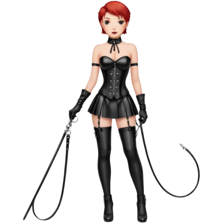mistress, dominant girl, short red hair, serious look, shiny black leather corset, latex miniskirt, whip in hand, long black gloves, black hold-ups, high heels, slave with collar and leash tied to the girl's hand emoji