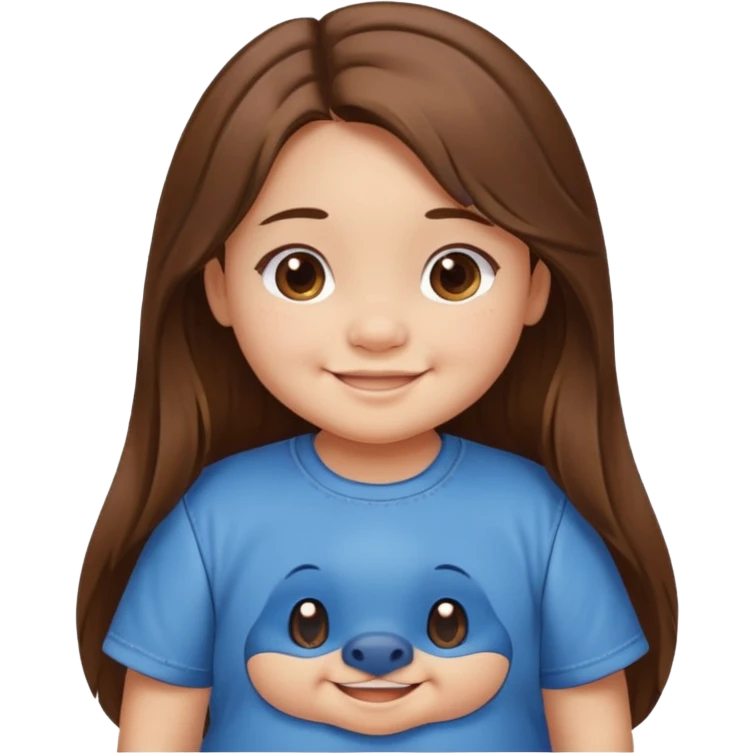 Une petite fille qui a des grosse joux qui est brune qui a les cheveux long et qui a un tee shirt stitch emoji
