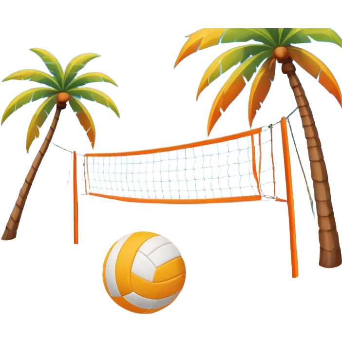 A volleyball resting on the orange sand of a beach, with a volleyball net in the background. The scene captures a sunny beach atmosphere with clear blue sea and sky, palm trees swaying, and people in swimsuits enjoying the vibrant surroundings emoji