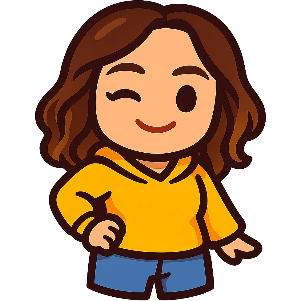 Sticker style chibi emote of the woman from the reference images, wearing a yellow hoodie and jeans, winking, no headband, no sparkles, no wand, transparent background. emoji