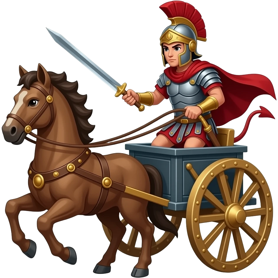 DEVIL charging into battle driving a roman war chariot text SHEITAN emoji