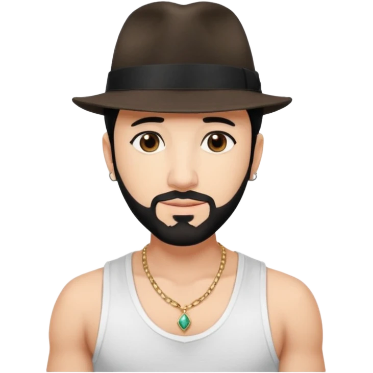 AJ McLean brown eyes, black hair, white tank top and fedora hat with necklace emoji