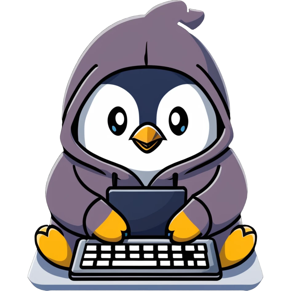 A cute penguin wearing a cozy hoodie typing on a computer keyboard emoji