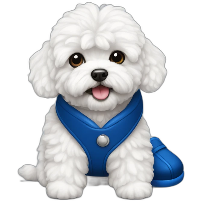 white maltipoo with dark blue slipper in his mouth emoji