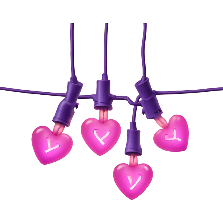 Realistic string lights with pink and purple bulbs in the shape of a heart and a power plug in on the end of the lights. emoji