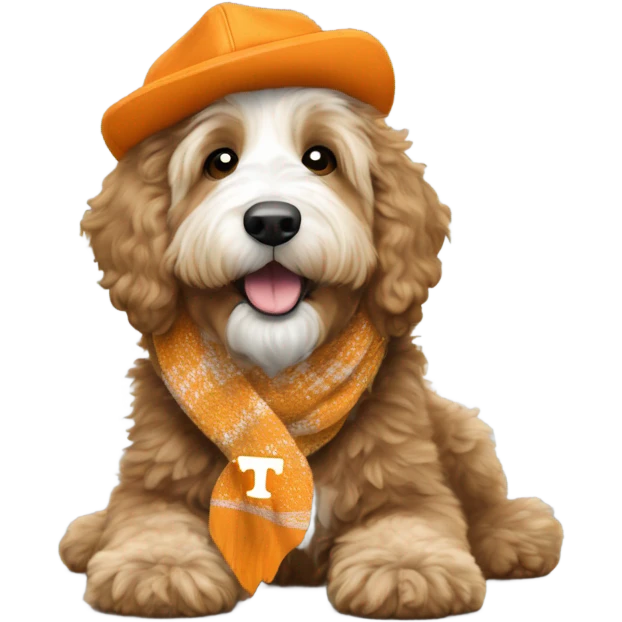 Bernedoodle with University of tennessee hat and scarf emoji