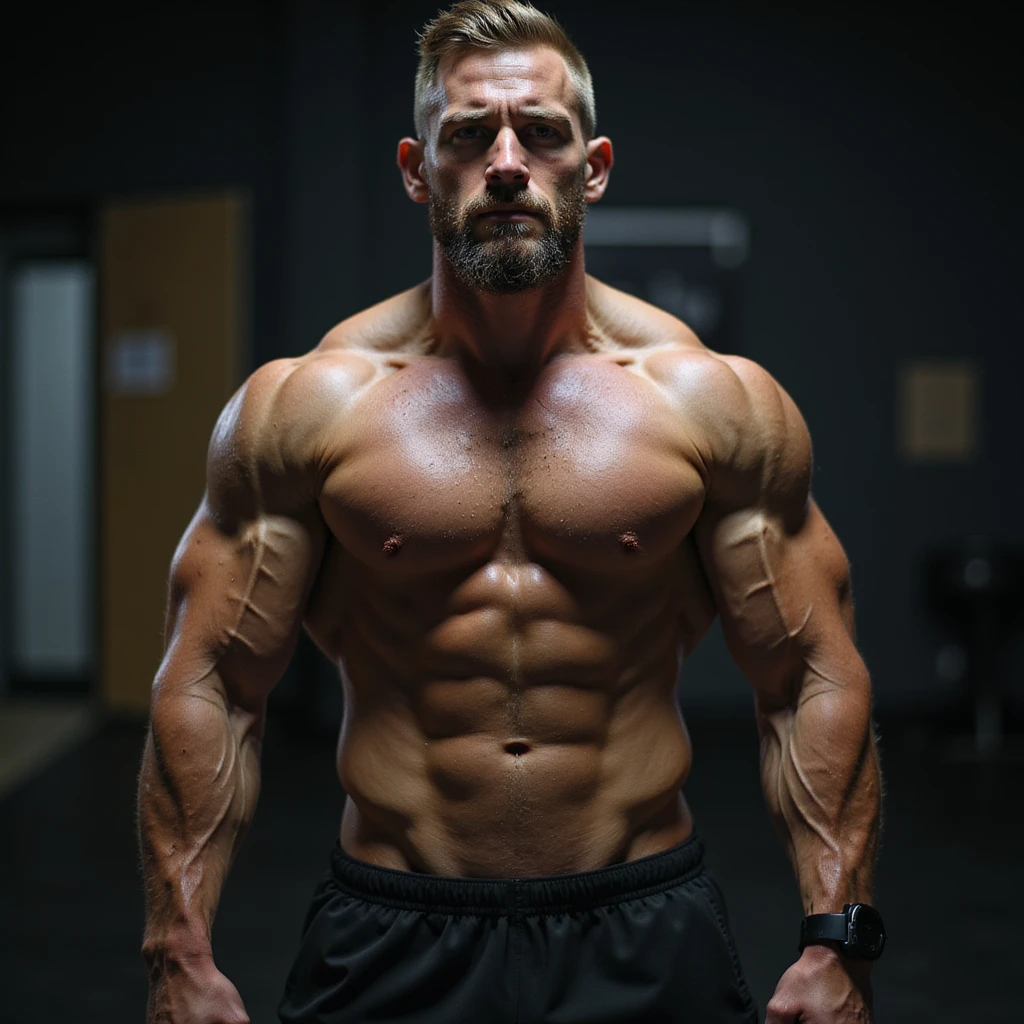 realistic 4K photo of a crossfit male athlete with lean and defined muscles, improved posture, intense lighting, modern gym background, energetic atmosphere emoji