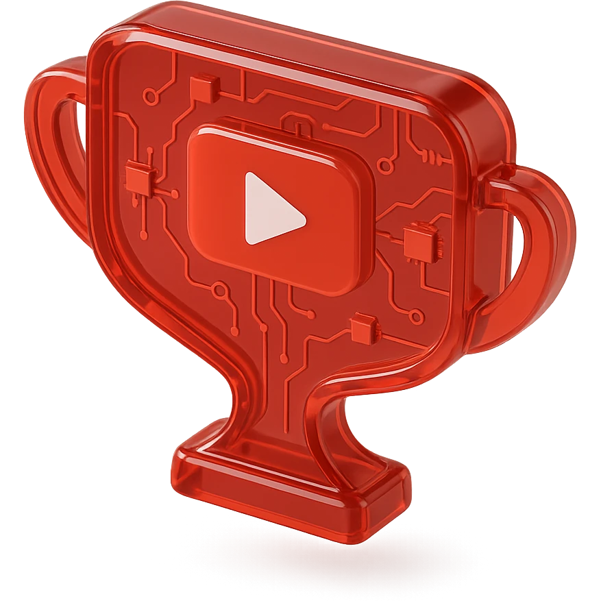 red speech bubble shaped like a trophy with a red YouTube play button, glossy circuit style emoji