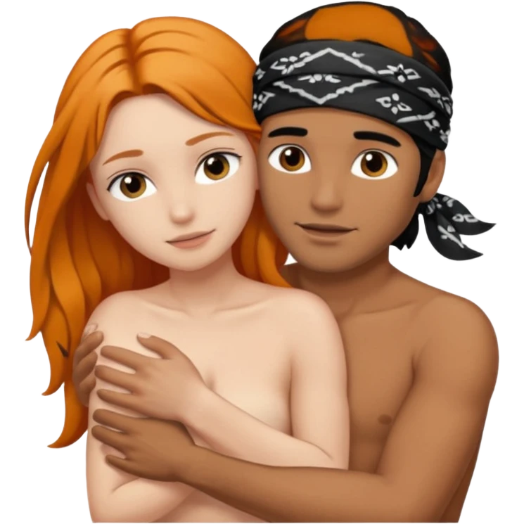 Brown guy with black hair with bandana on his head naked hugging a white girl with long ginger hair naked emoji