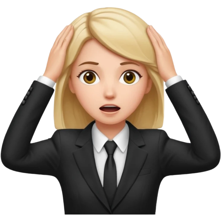 white girl in formal suit surprised, hands on head emoji