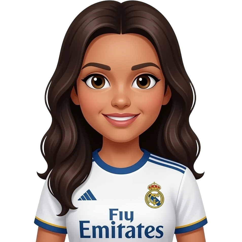 Buat wanita asal berazil kulit sawo matang rambut panjang warna coklat kehitaman menggunakan baju madrid emoji