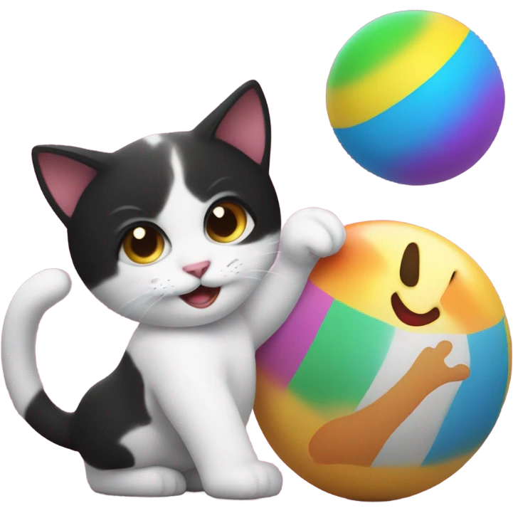 A baby is playing with a black and white cat with a ball emoji