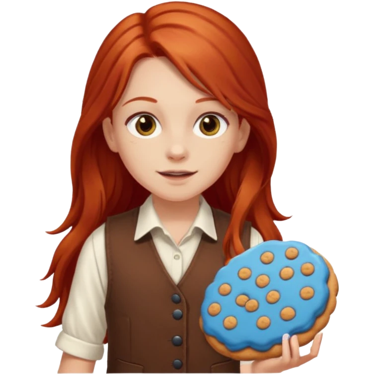 white girl scout with red long hair selling cookies with a brown vest and white shirt under vest. She should be around 10 years old emoji