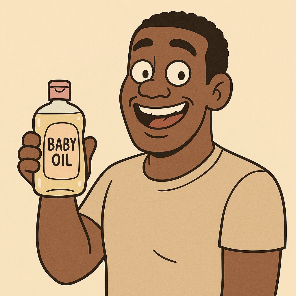 A Black man smiling and holding baby oil, cartoon illustration, minimal background emoji