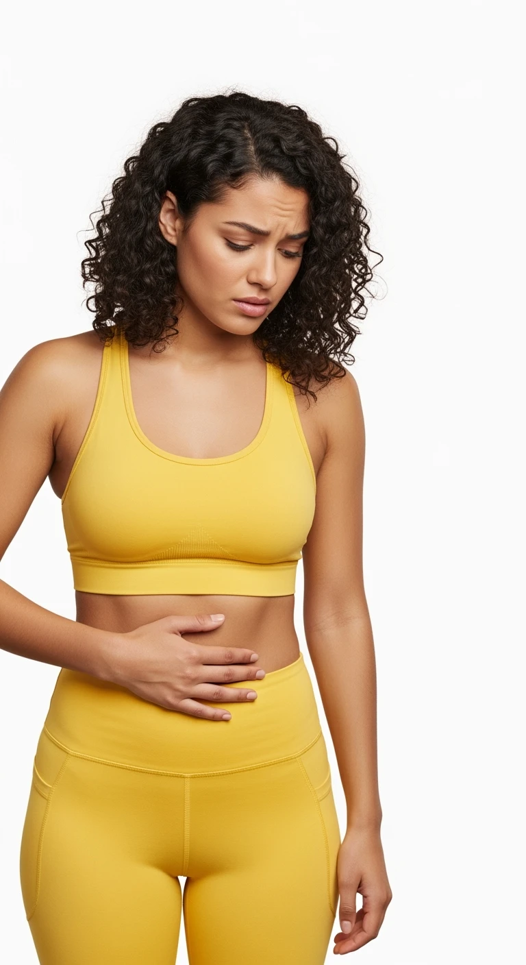 DONNA FITNESS CHE SI TOCCA LA PANCETTA CON ESPRESSIONE INSODDISFATTA IN VOLTO, iperrealistico 4k, ISOLATA SU SFONDO BIANCO emoji