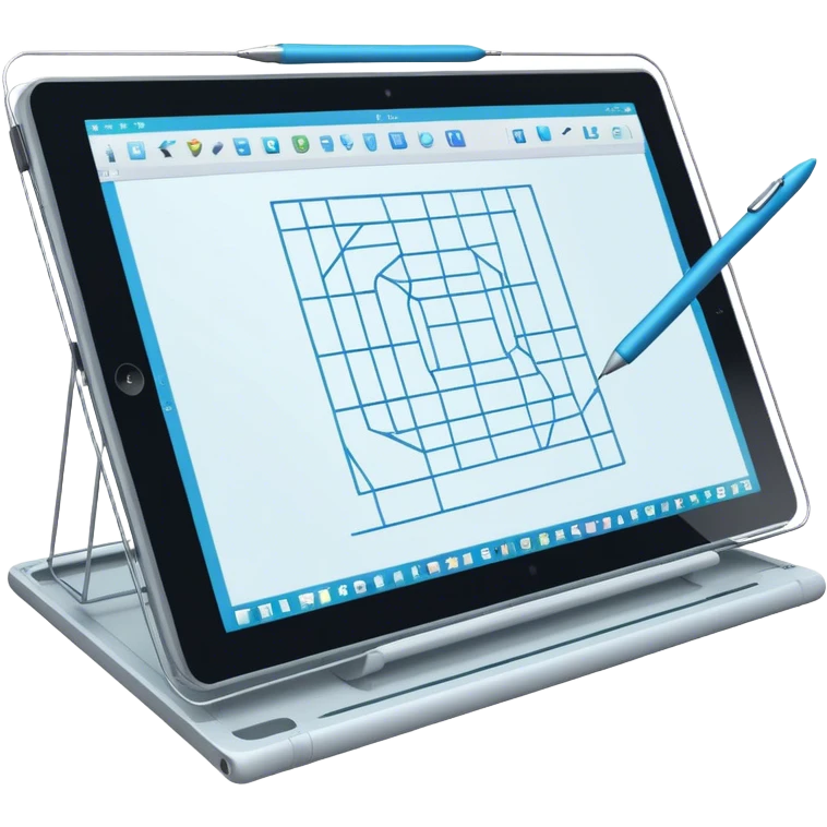 Create an emoji for 3D visualization and modeling. Show a large graphic tablet with a stylus drawing in a 3D modeling program, displaying a wireframe model that pops out from the screen. Use modern, professional colors. Do not include any emojis or smiley faces. Make the background transparent. emoji