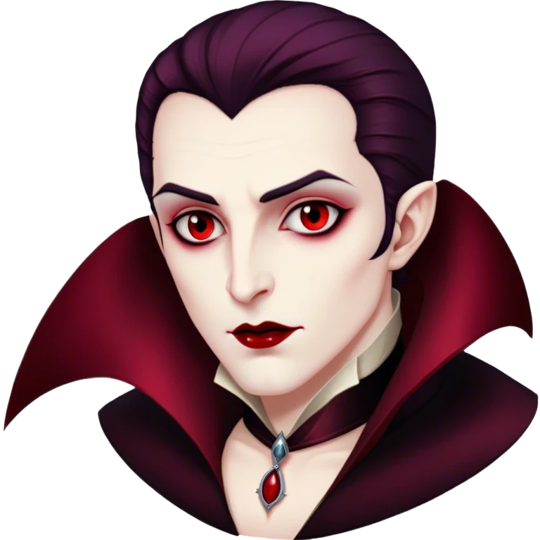 Cinematic Noble Vampire Portrait Emoji, Elegant and commanding, with a refined, pale visage framed by dark, velvet accents and a hint of crimson, exuding timeless seduction and dangerous allure, simplified yet exquisitely detailed, glowing with a soft nocturnal radiance and a subtle, mysterious outline that captures the regal spirit of an immortal lord of the night! emoji